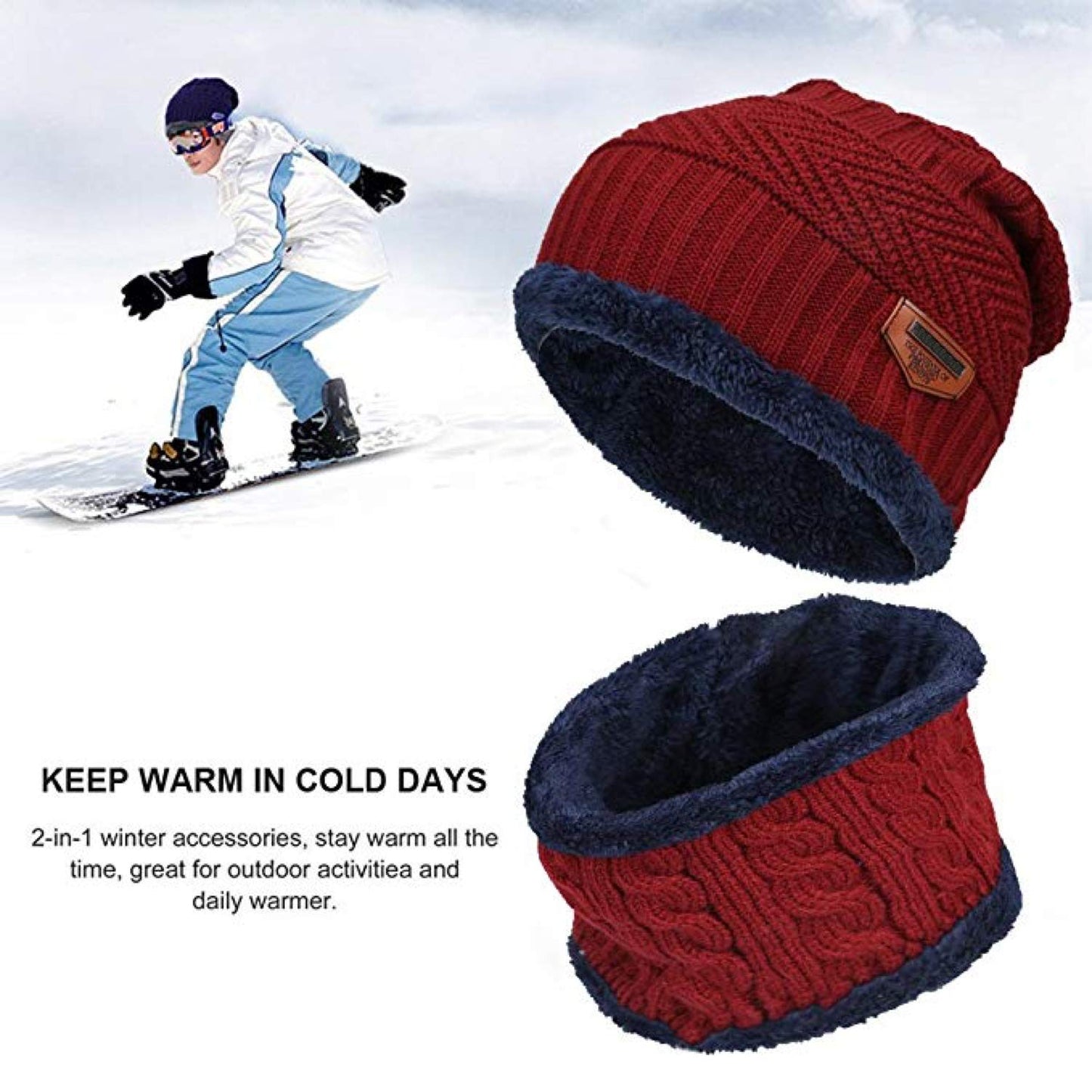 World of Shawls Unisex Men Women Knitted Fleece Beanie Hat and Loop Circle Scarf Snood Set Warm Soft and Comfortable