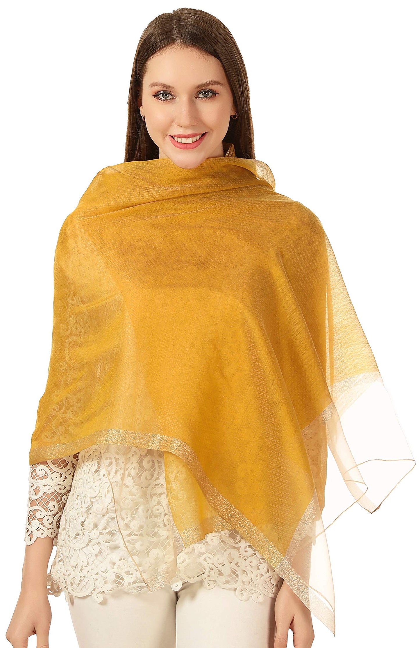 World of Shawls Sheer Double Texture and Two Tone with Gold Shimmer Border Scarf Wrap Stole Occasion Party Prom Wedding Event
