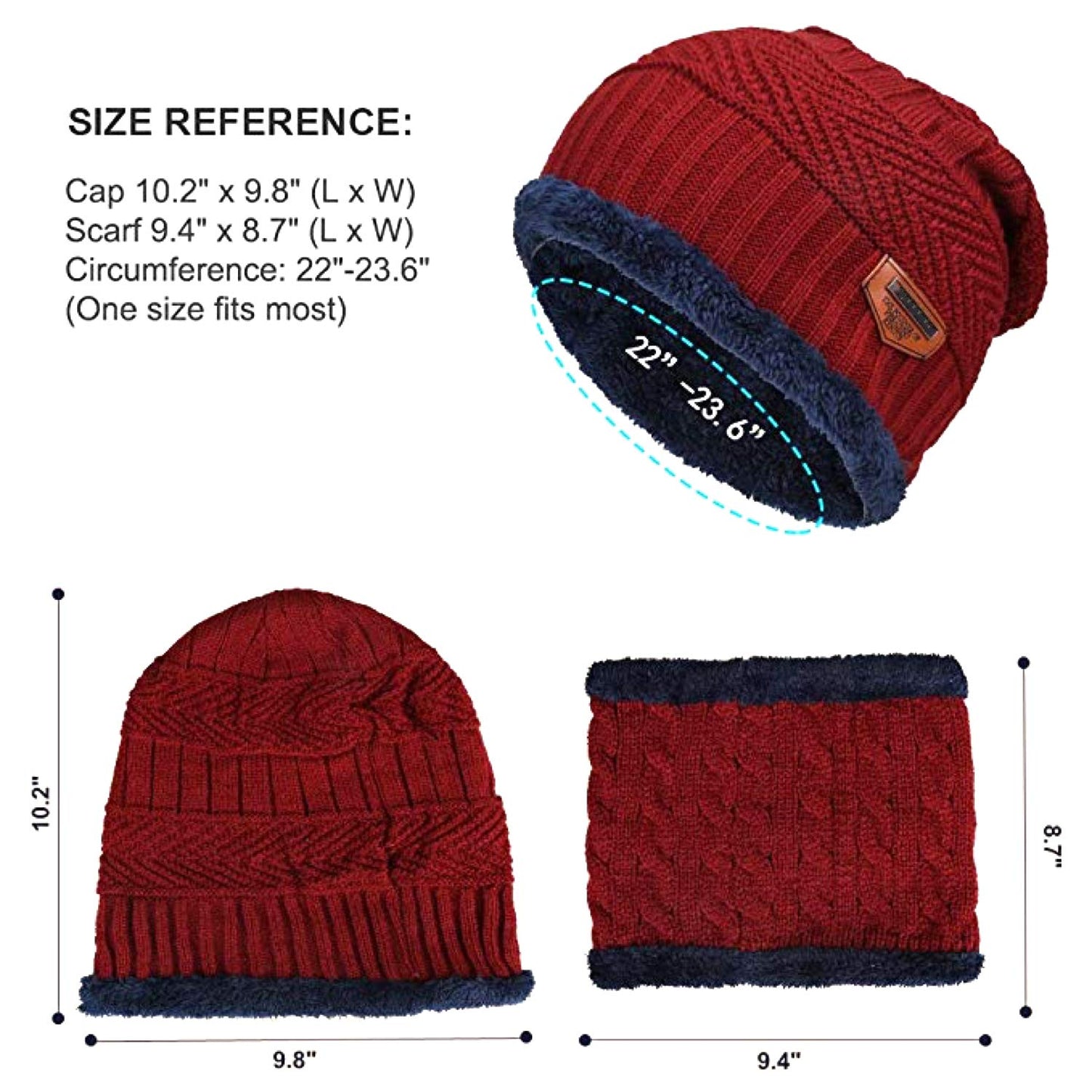 World of Shawls Unisex Men Women Knitted Fleece Beanie Hat and Loop Circle Scarf Snood Set Warm Soft and Comfortable