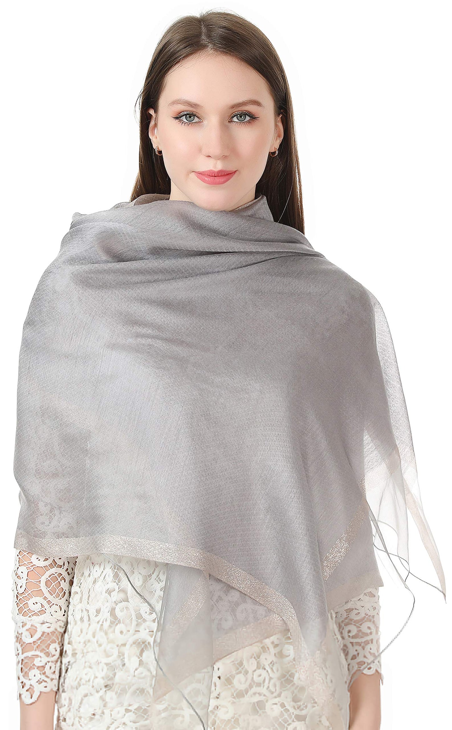 World of Shawls Sheer Double Texture and Two Tone with Gold Shimmer Border Scarf Wrap Stole Occasion Party Prom Wedding Event
