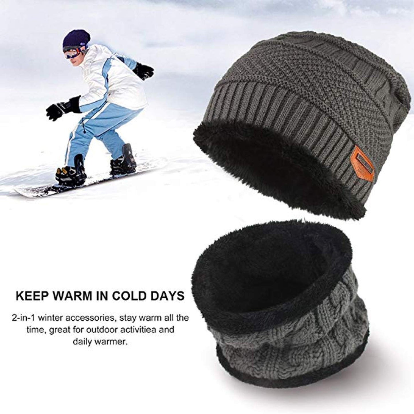 World of Shawls Unisex Men Women Knitted Fleece Beanie Hat and Loop Circle Scarf Snood Set Warm Soft and Comfortable