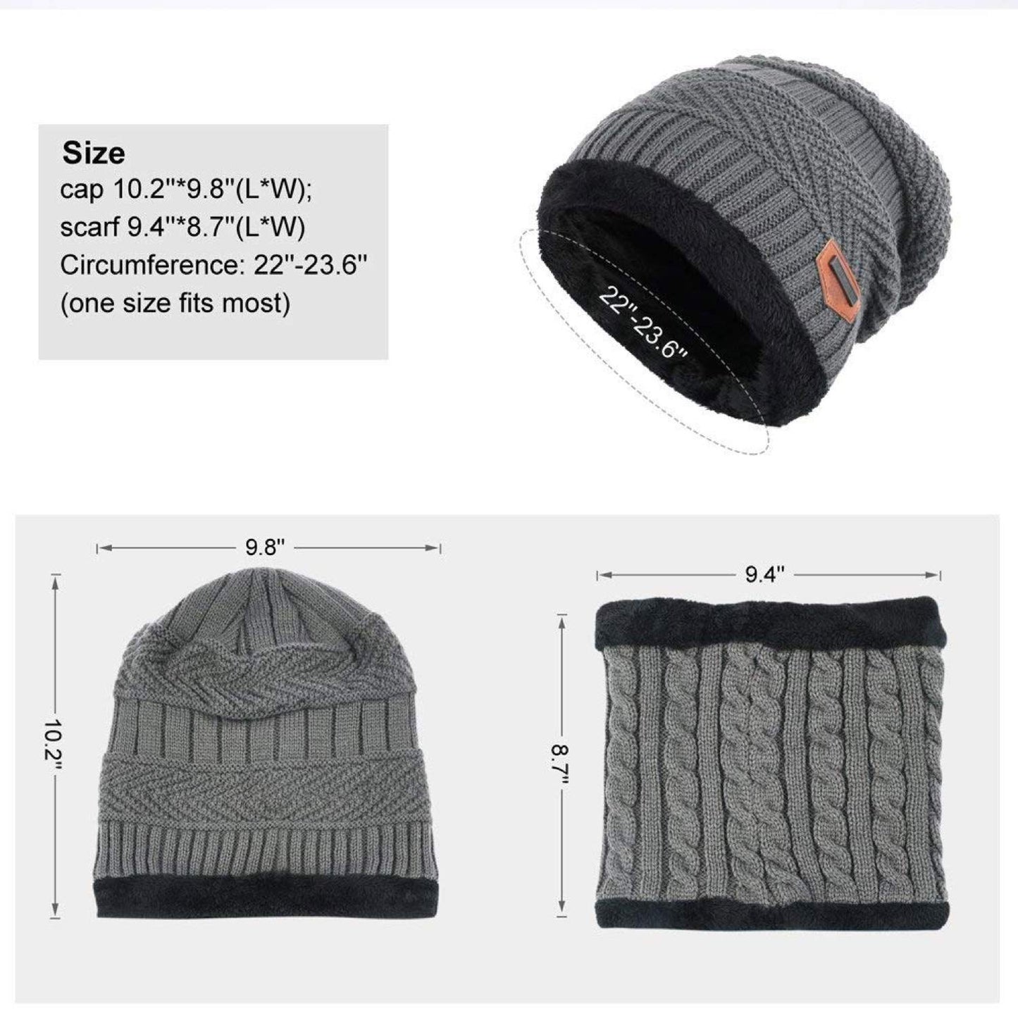 World of Shawls Unisex Men Women Knitted Fleece Beanie Hat and Loop Circle Scarf Snood Set Warm Soft and Comfortable