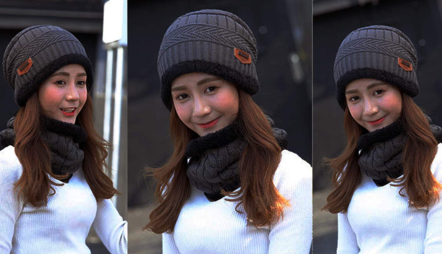 World of Shawls Unisex Men Women Knitted Fleece Beanie Hat and Loop Circle Scarf Snood Set Warm Soft and Comfortable