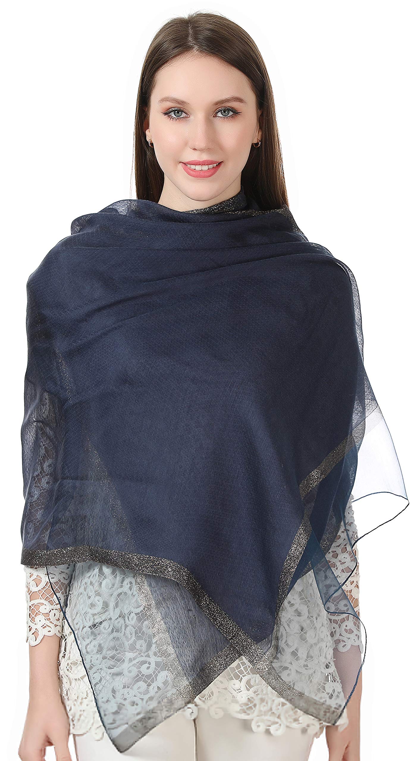 World of Shawls Sheer Double Texture and Two Tone with Gold Shimmer Border Scarf Wrap Stole Occasion Party Prom Wedding Event