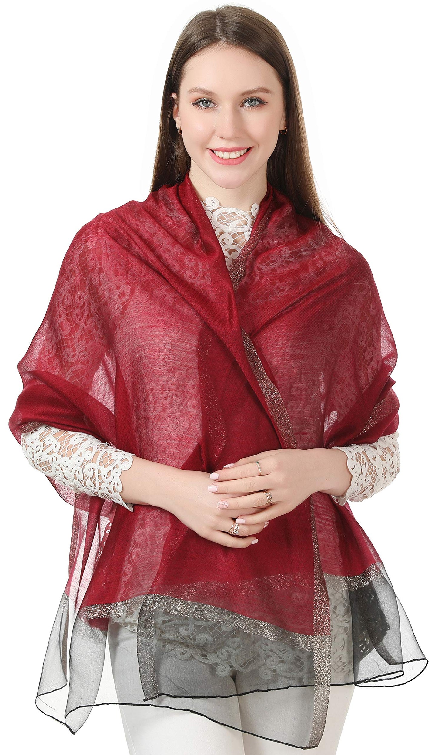 World of Shawls Sheer Double Texture and Two Tone with Gold Shimmer Border Scarf Wrap Stole Occasion Party Prom Wedding Event