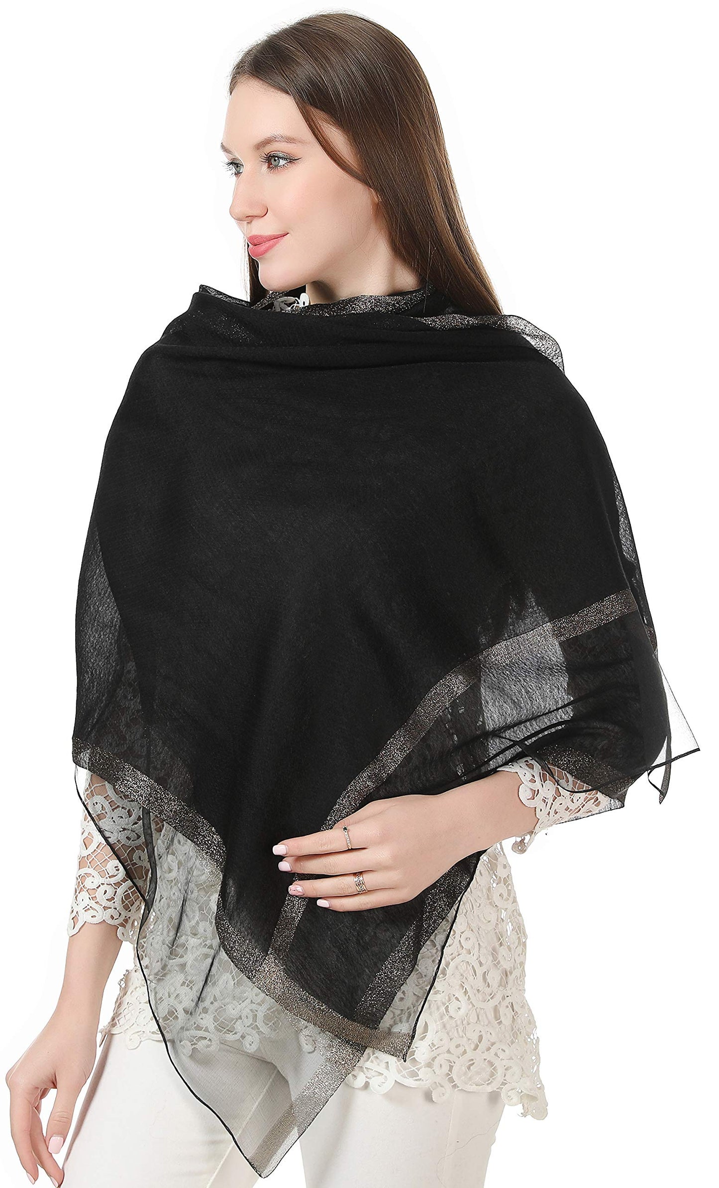 World of Shawls Sheer Double Texture and Two Tone with Gold Shimmer Border Scarf Wrap Stole Occasion Party Prom Wedding Event