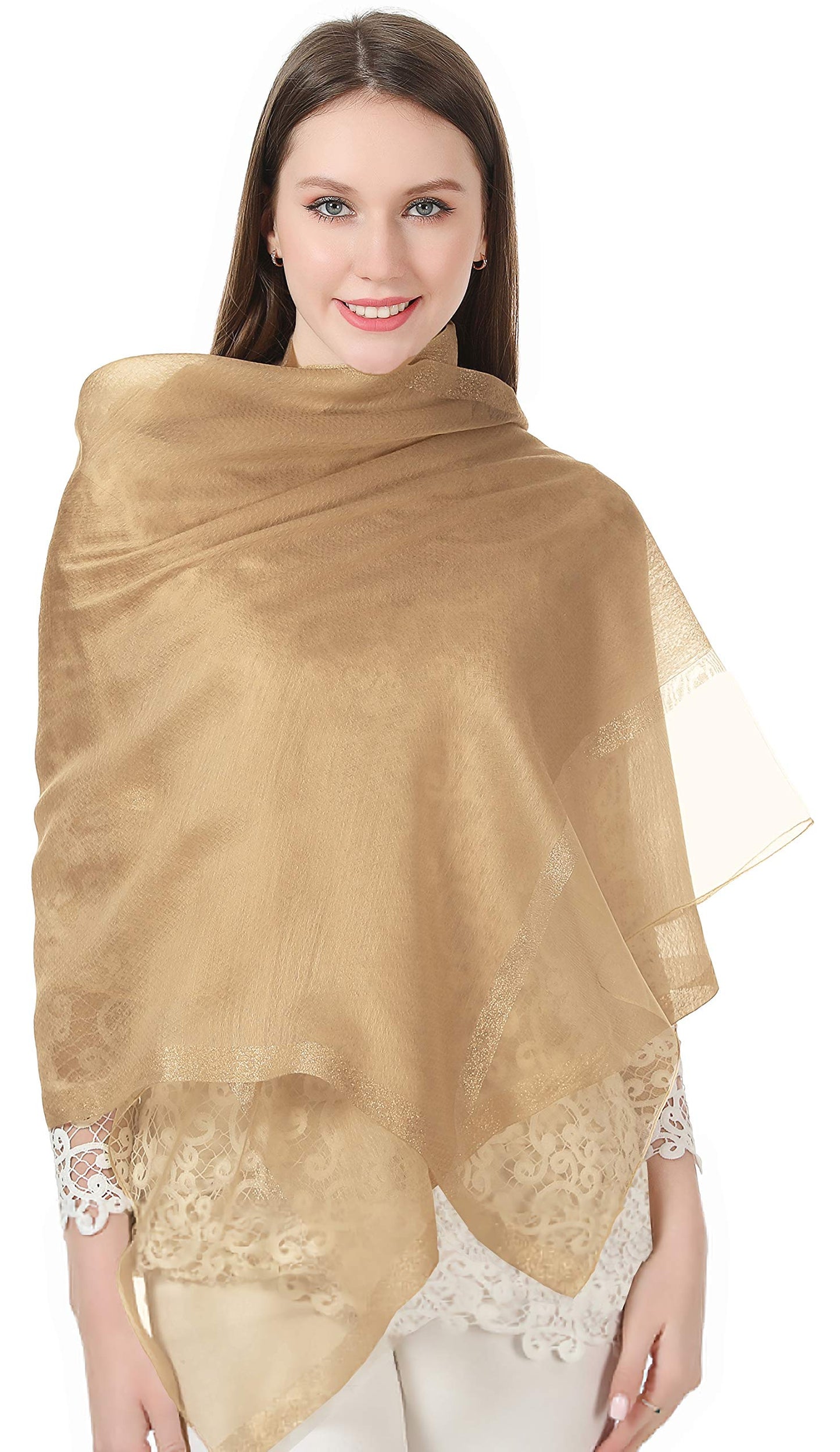 World of Shawls Sheer Double Texture and Two Tone with Gold Shimmer Border Scarf Wrap Stole Occasion Party Prom Wedding Event
