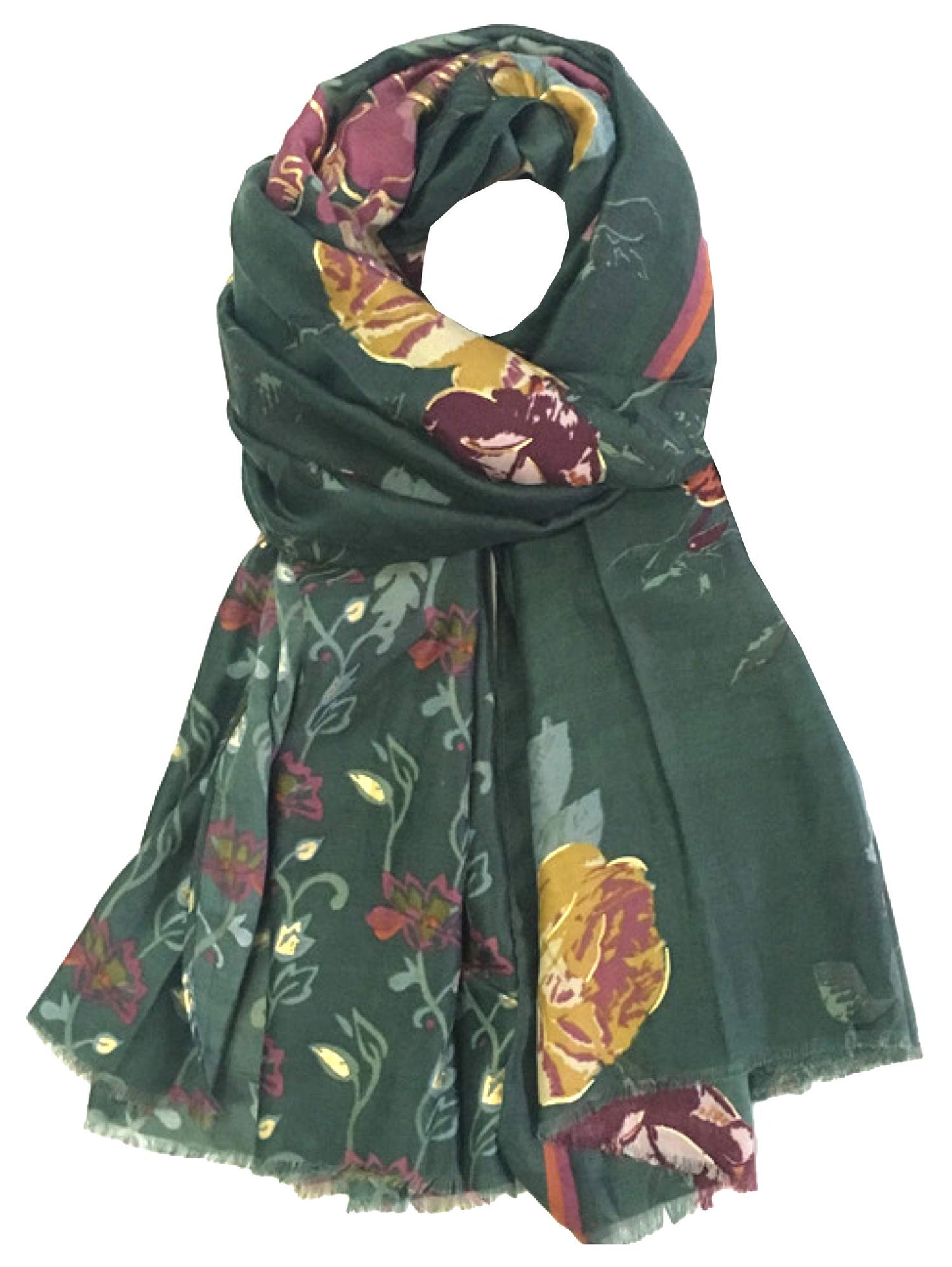 World of Shawls Floral Print with Gold Foil Scarf for Women Ladies Shawl Wrap Stole - Black Maroon Gold Grey Navy Blue Green
