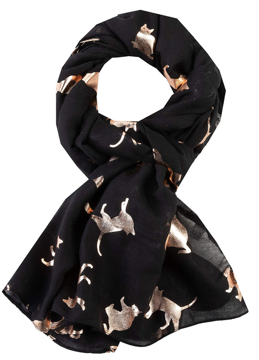 World of Shawls New Ladies Women's Rose Gold Cat Print Glitter Foil Sparkle Scarf Scarves
