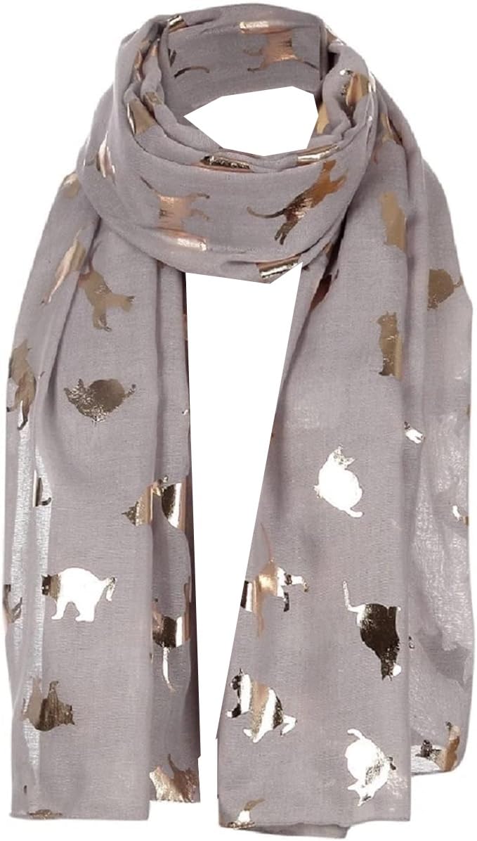 World of Shawls New Ladies Women's Rose Gold Cat Print Glitter Foil Sparkle Scarf Scarves