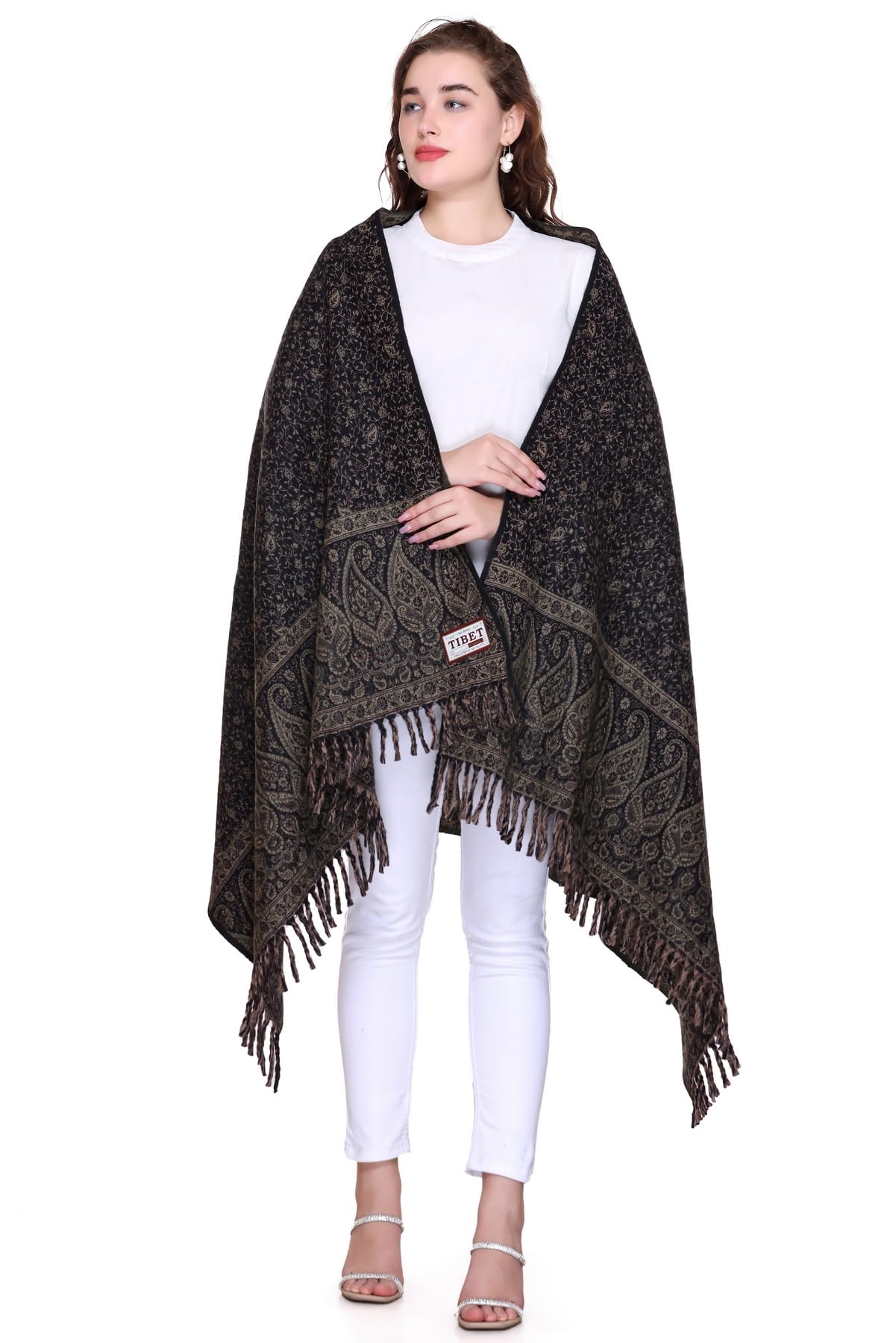 OverSized Winter Paisley Wool Blend Shawl - 100x200 Cm with Heritage Label and Fringed Edges