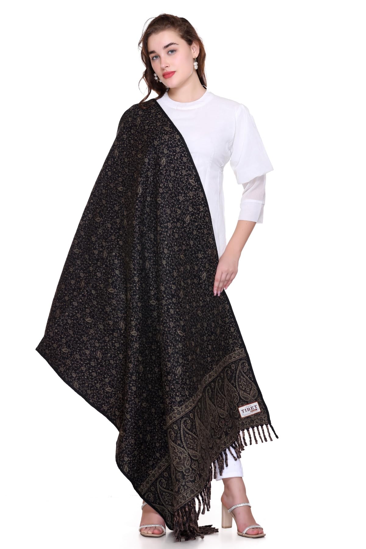 OverSized Winter Paisley Wool Blend Shawl - 100x200 Cm with Heritage Label and Fringed Edges