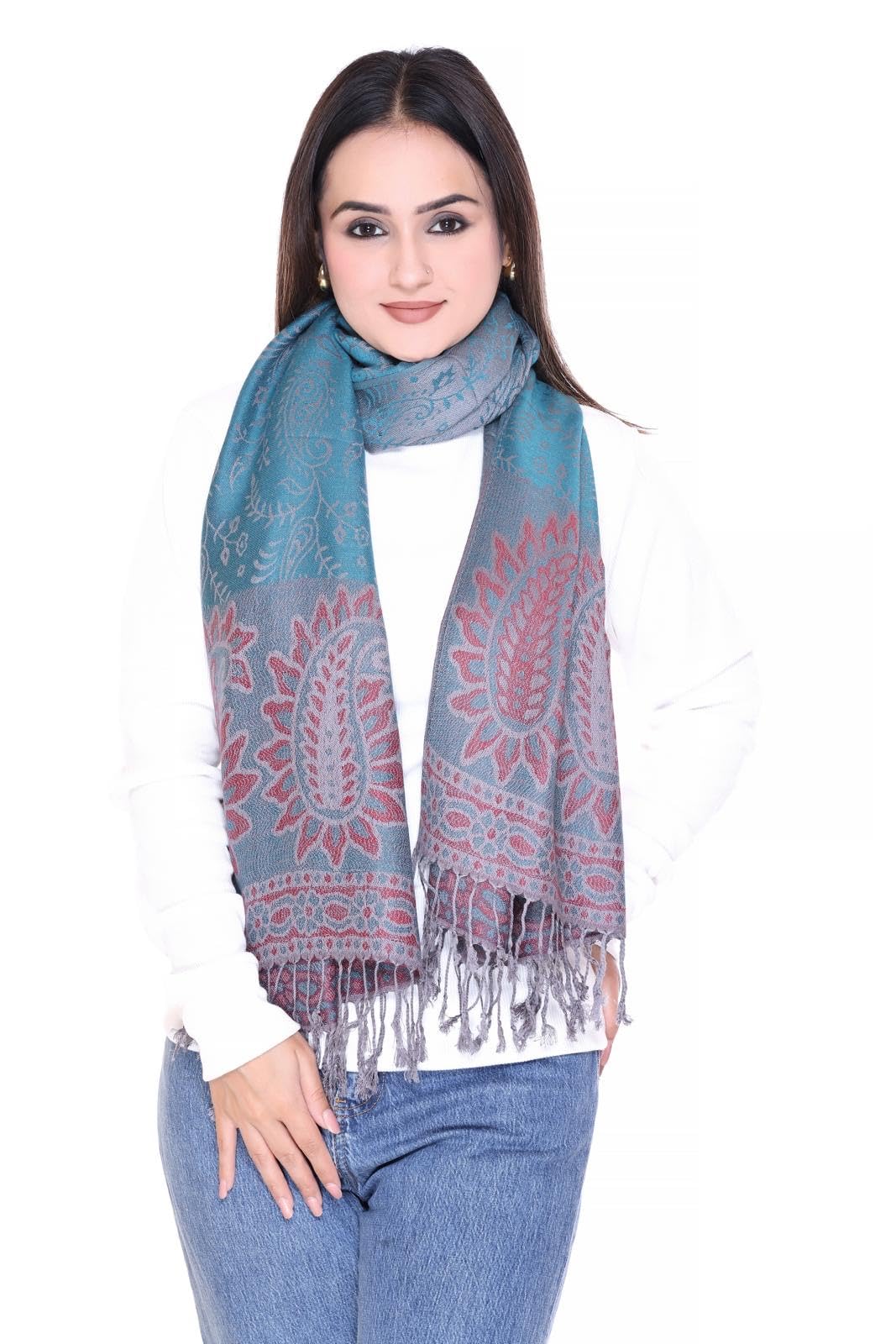 World of Shawls Reversible Paisley Design Pashmina Shawl for Women, 28x80 cm, Soft Warm Pashmina Blend