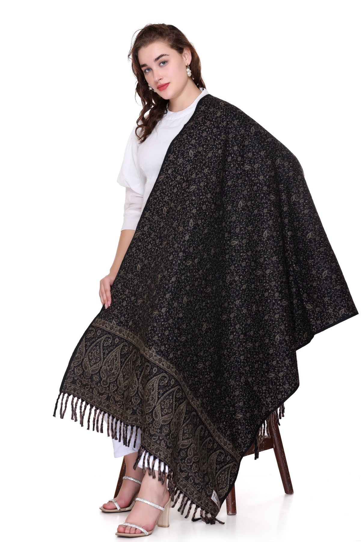 OverSized Winter Paisley Wool Blend Shawl - 100x200 Cm with Heritage Label and Fringed Edges