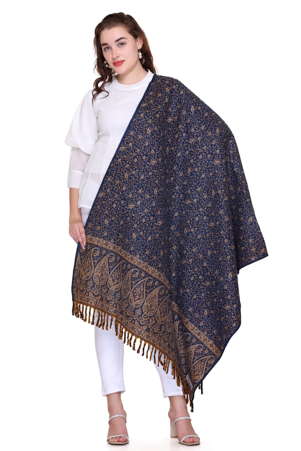 OverSized Winter Paisley Wool Blend Shawl - 100x200 Cm with Heritage Label and Fringed Edges