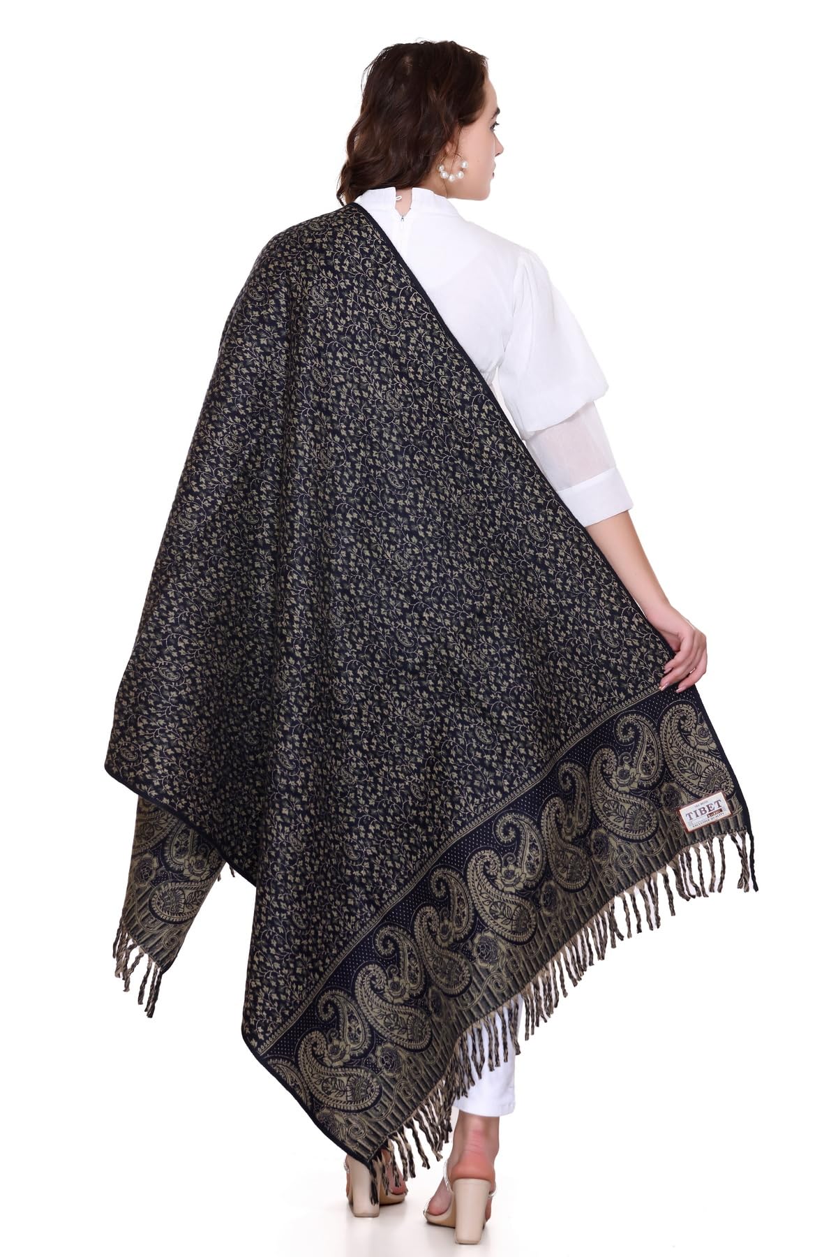 OverSized Winter Paisley Wool Blend Shawl - 100x200 Cm with Heritage Label and Fringed Edges