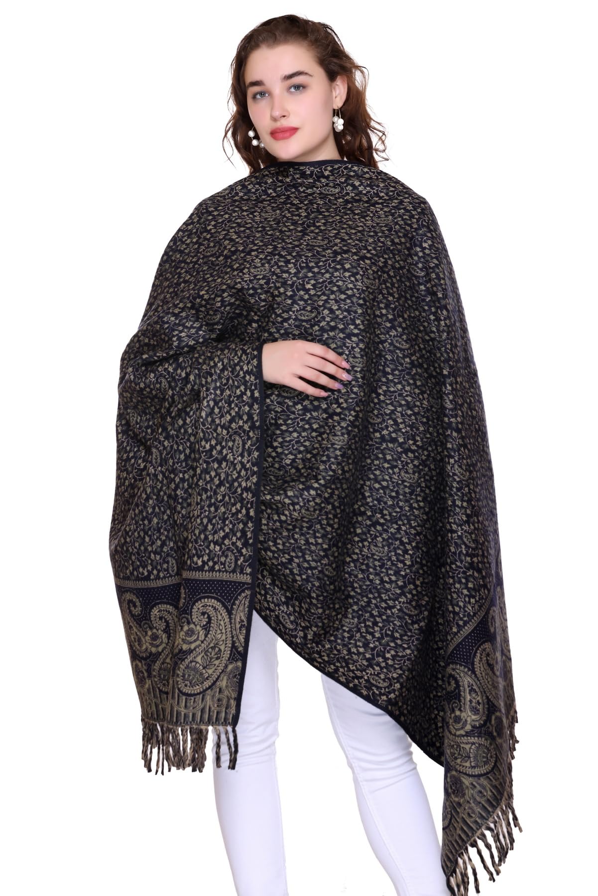 OverSized Winter Paisley Wool Blend Shawl - 100x200 Cm with Heritage Label and Fringed Edges