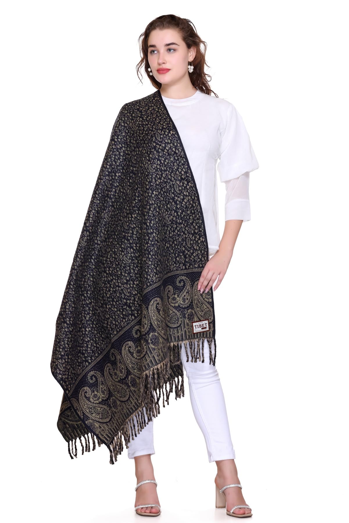 OverSized Winter Paisley Wool Blend Shawl - 100x200 Cm with Heritage Label and Fringed Edges