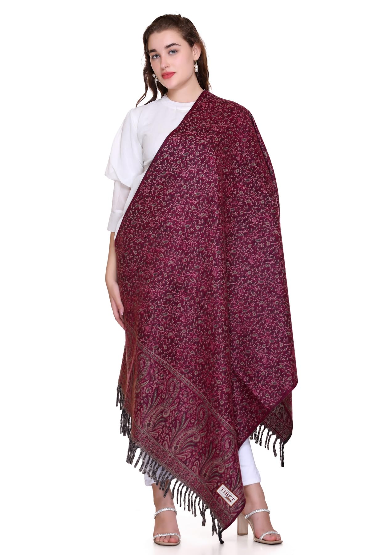 OverSized Winter Paisley Wool Blend Shawl - 100x200 Cm with Heritage Label and Fringed Edges