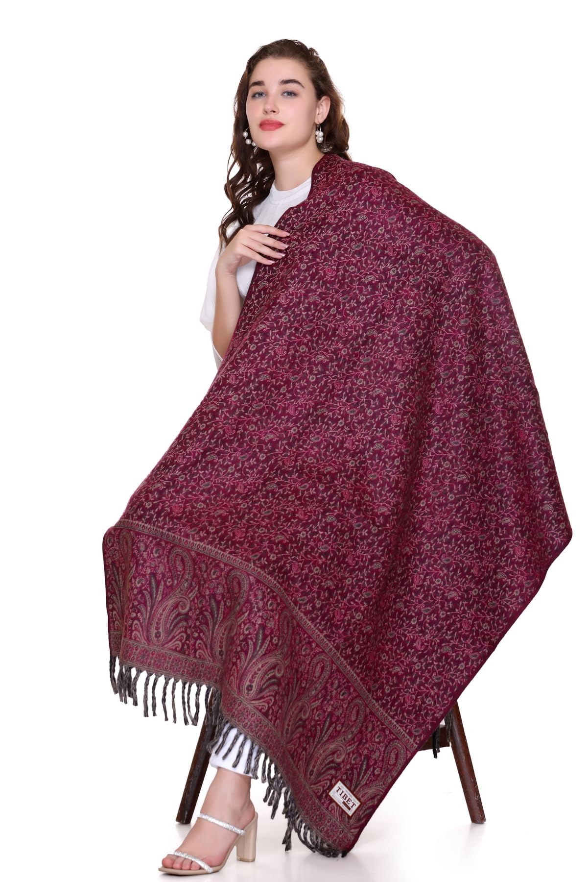 OverSized Winter Paisley Wool Blend Shawl - 100x200 Cm with Heritage Label and Fringed Edges