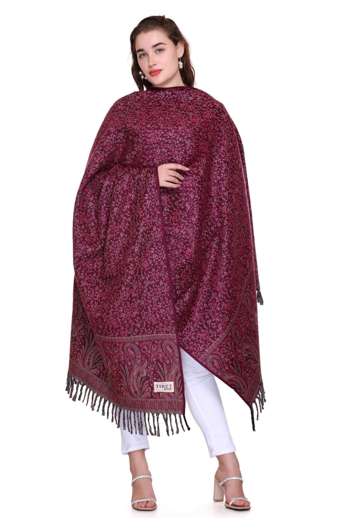 OverSized Winter Paisley Wool Blend Shawl - 100x200 Cm with Heritage Label and Fringed Edges