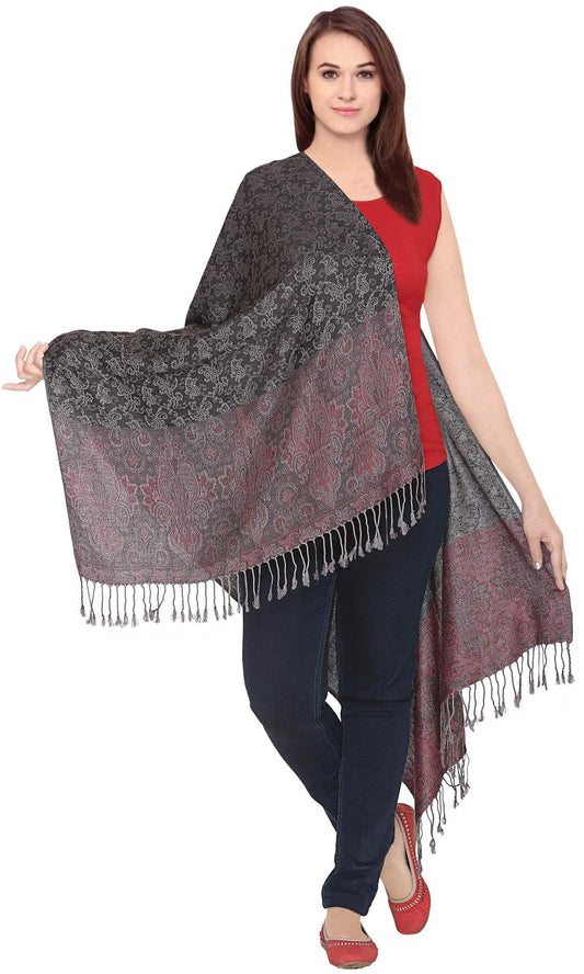 World of Shawls Ladies Floral Paisley Bordered Pashmina Feel Shawl Scarf Wrap Stole Luxuriously Warm Soft and Silky Touch (Black/Red_5234)