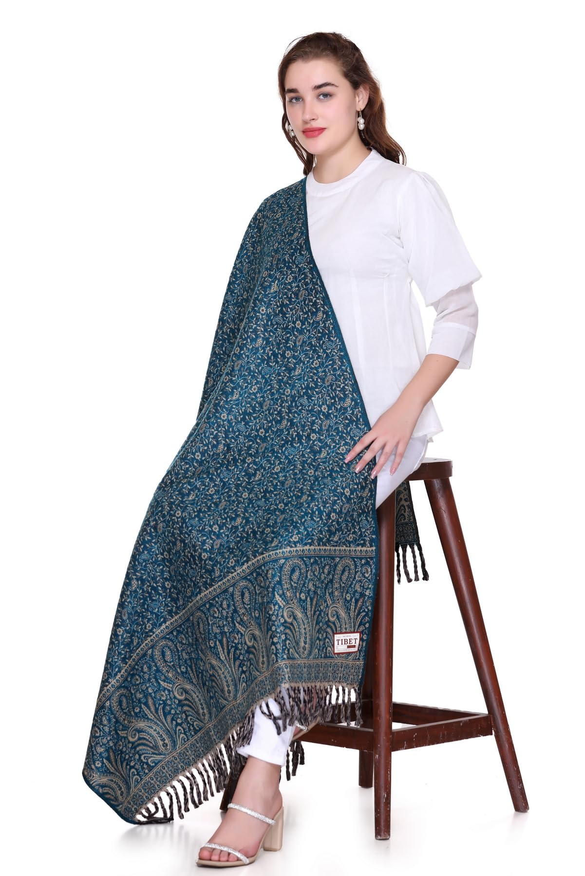 OverSized Winter Paisley Wool Blend Shawl - 100x200 Cm with Heritage Label and Fringed Edges