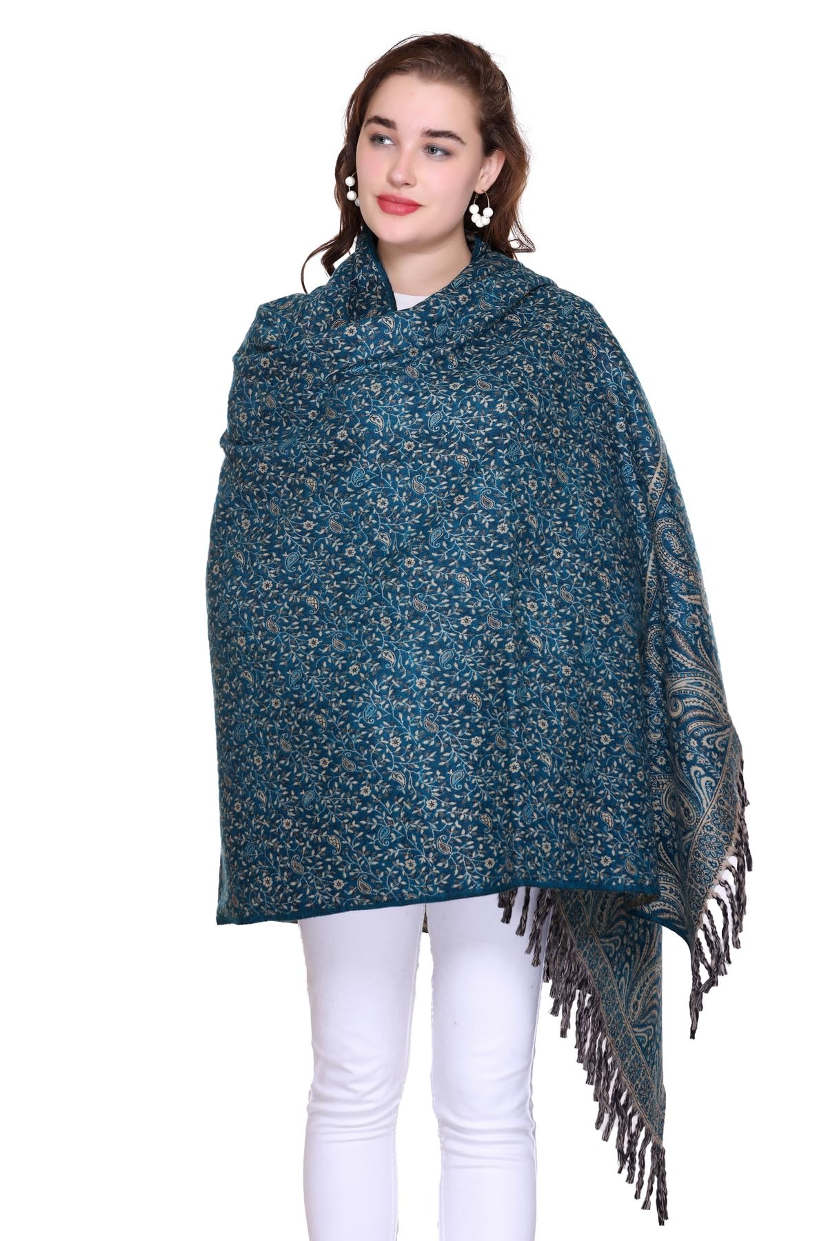 OverSized Winter Paisley Wool Blend Shawl - 100x200 Cm with Heritage Label and Fringed Edges