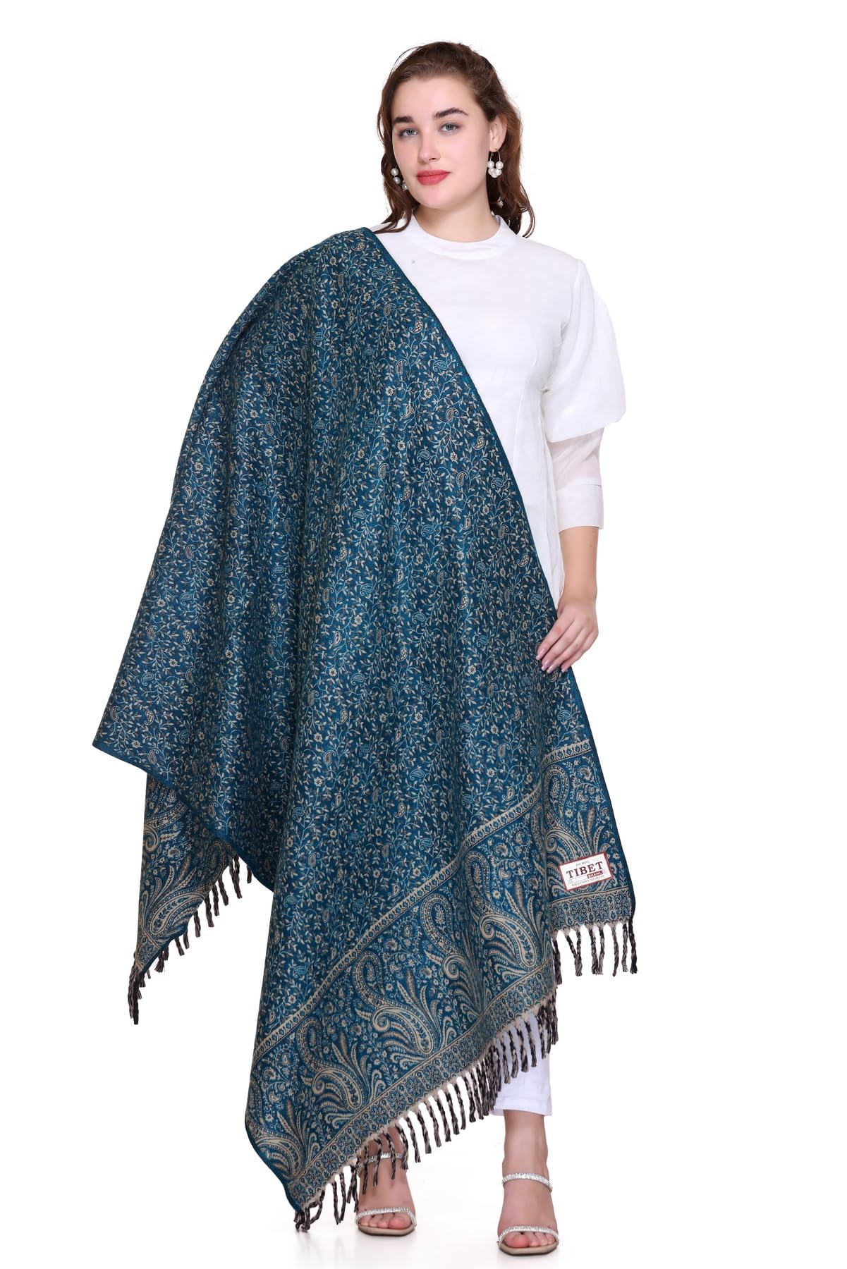 OverSized Winter Paisley Wool Blend Shawl - 100x200 Cm with Heritage Label and Fringed Edges
