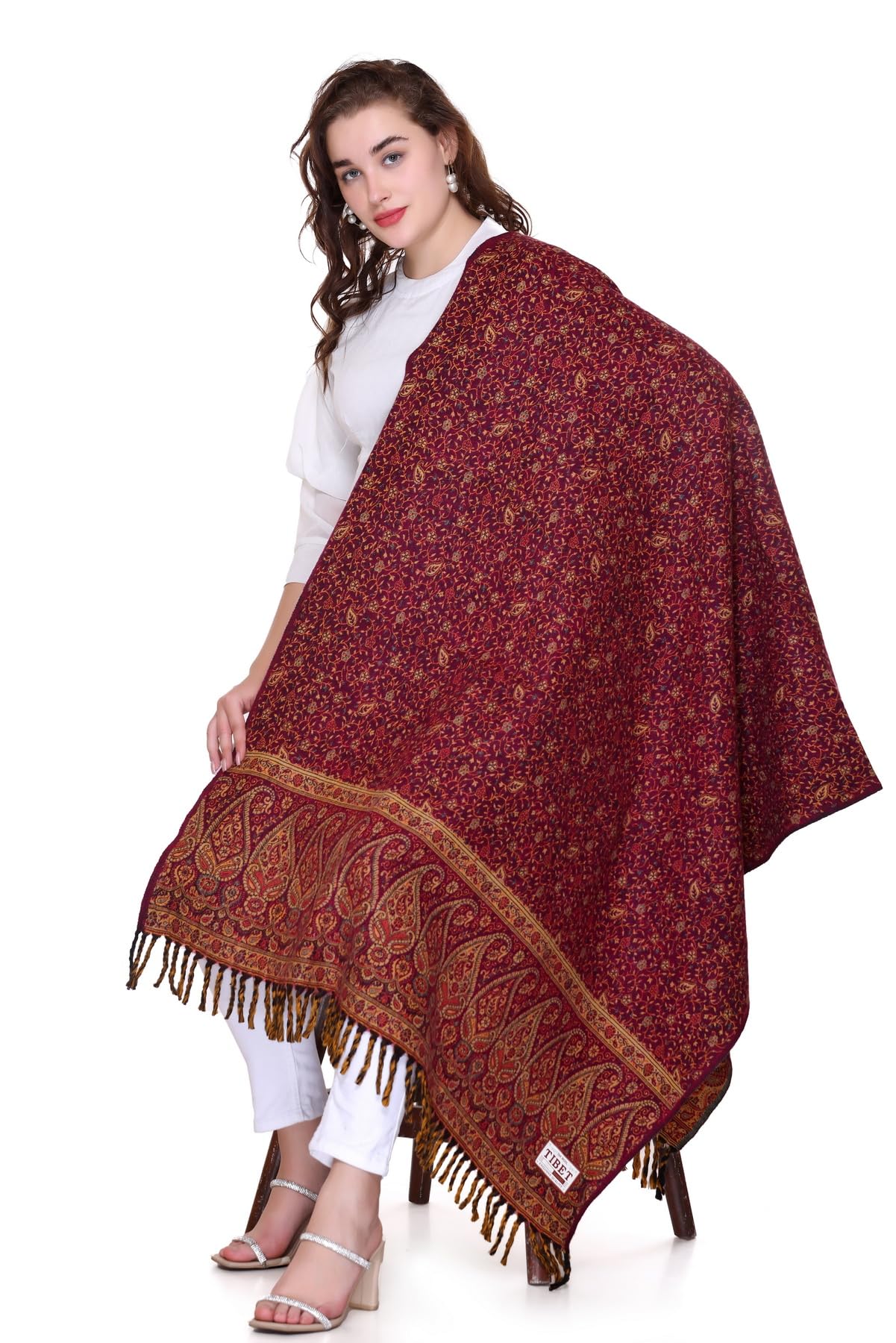 OverSized Winter Paisley Wool Blend Shawl - 100x200 Cm with Heritage Label and Fringed Edges