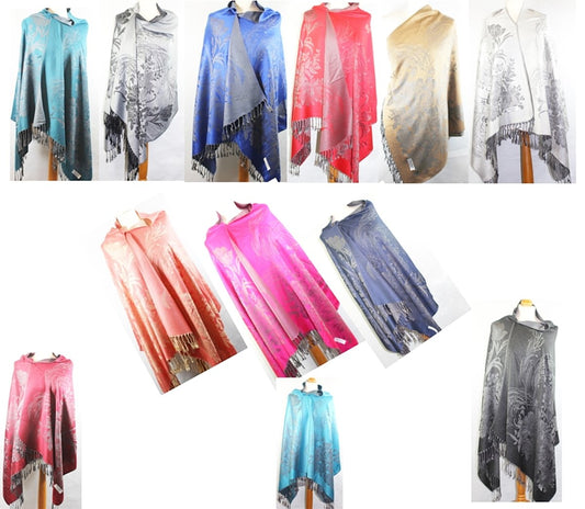World of Shawls Ladies Women Two Sided Floral Silk Kashmiree Turqouise