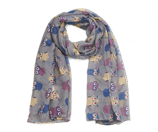 Grey Vintage Big Eyes Owl Print Wide Scarf