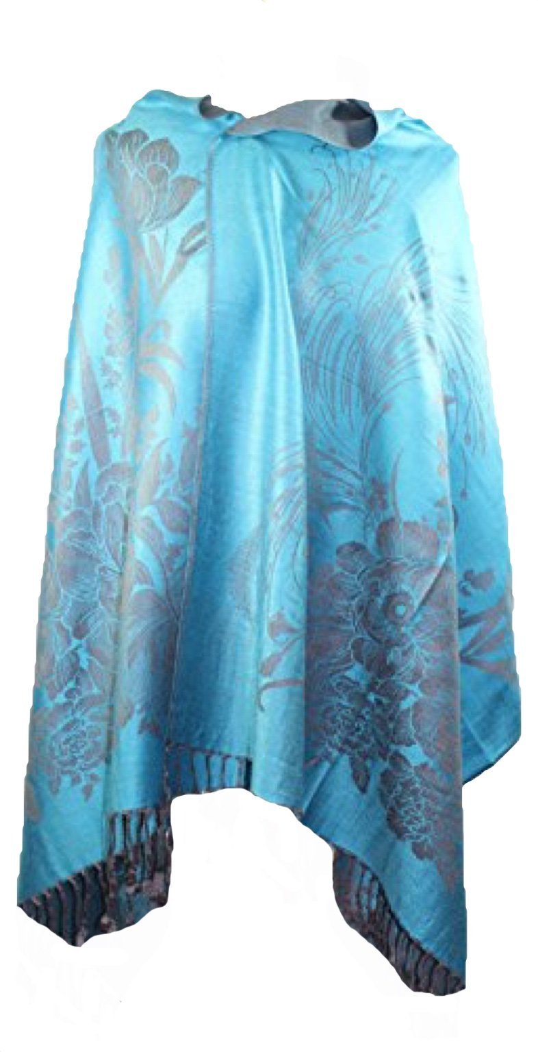 World of Shawls Ladies Women Two Sided Floral Silk Kashmiree Turqouise