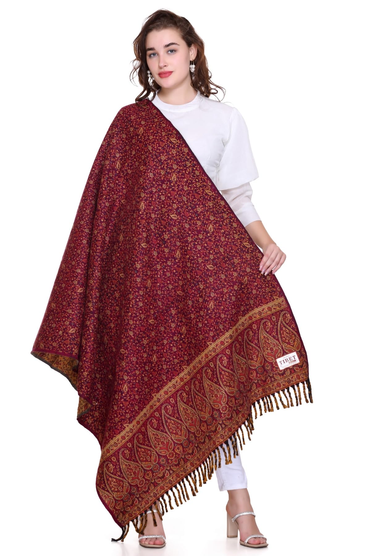 OverSized Winter Paisley Wool Blend Shawl - 100x200 Cm with Heritage Label and Fringed Edges