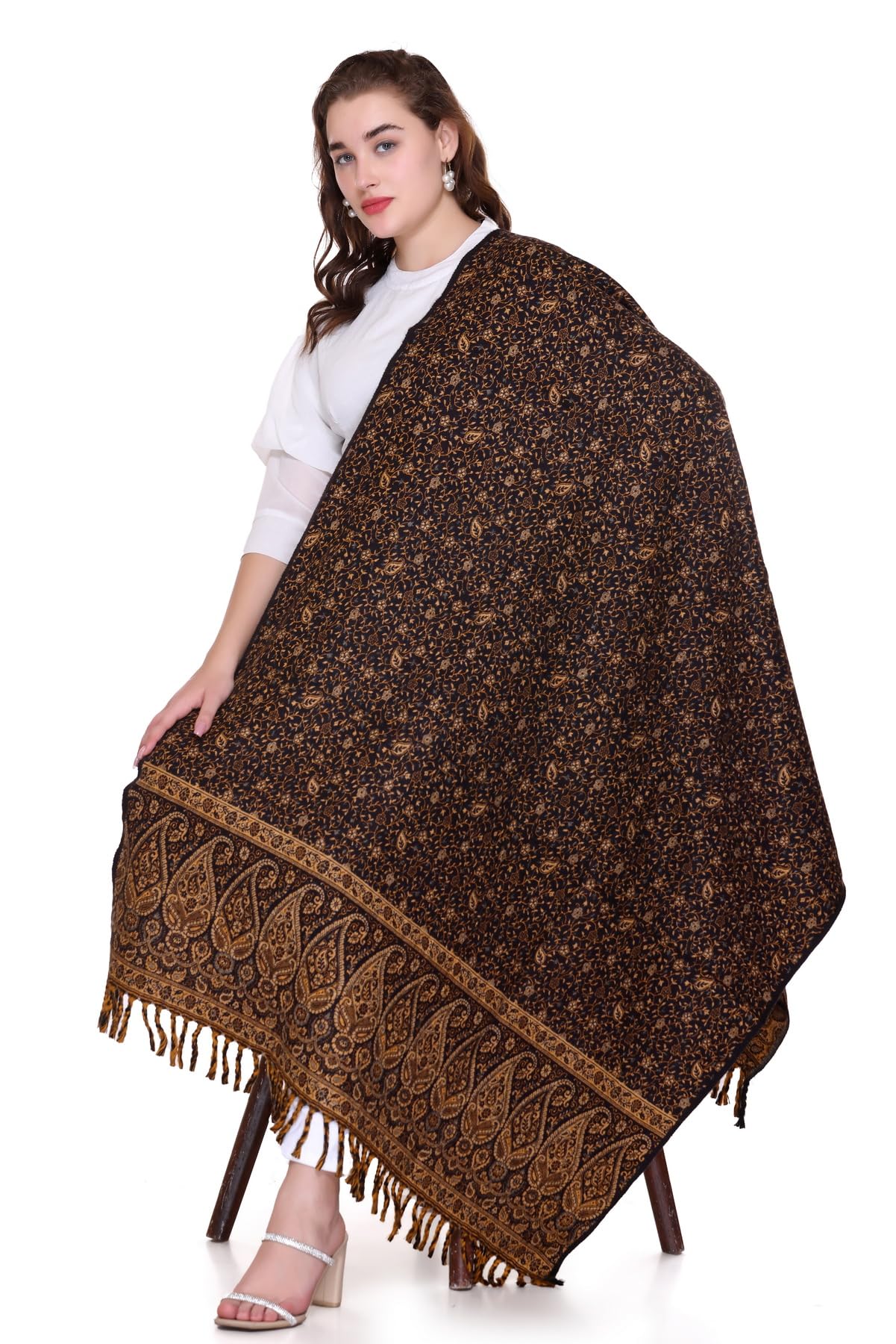 OverSized Winter Paisley Wool Blend Shawl - 100x200 Cm with Heritage Label and Fringed Edges