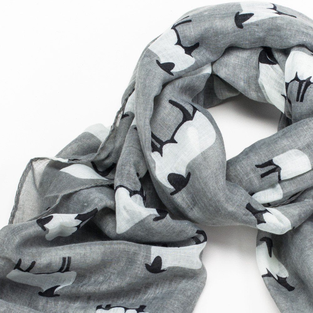 White Sheep Print Wide Grey Scarf