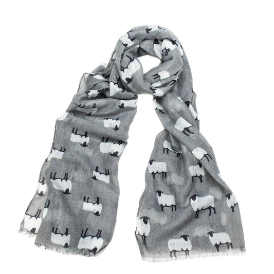 White Sheep Print Wide Grey Scarf