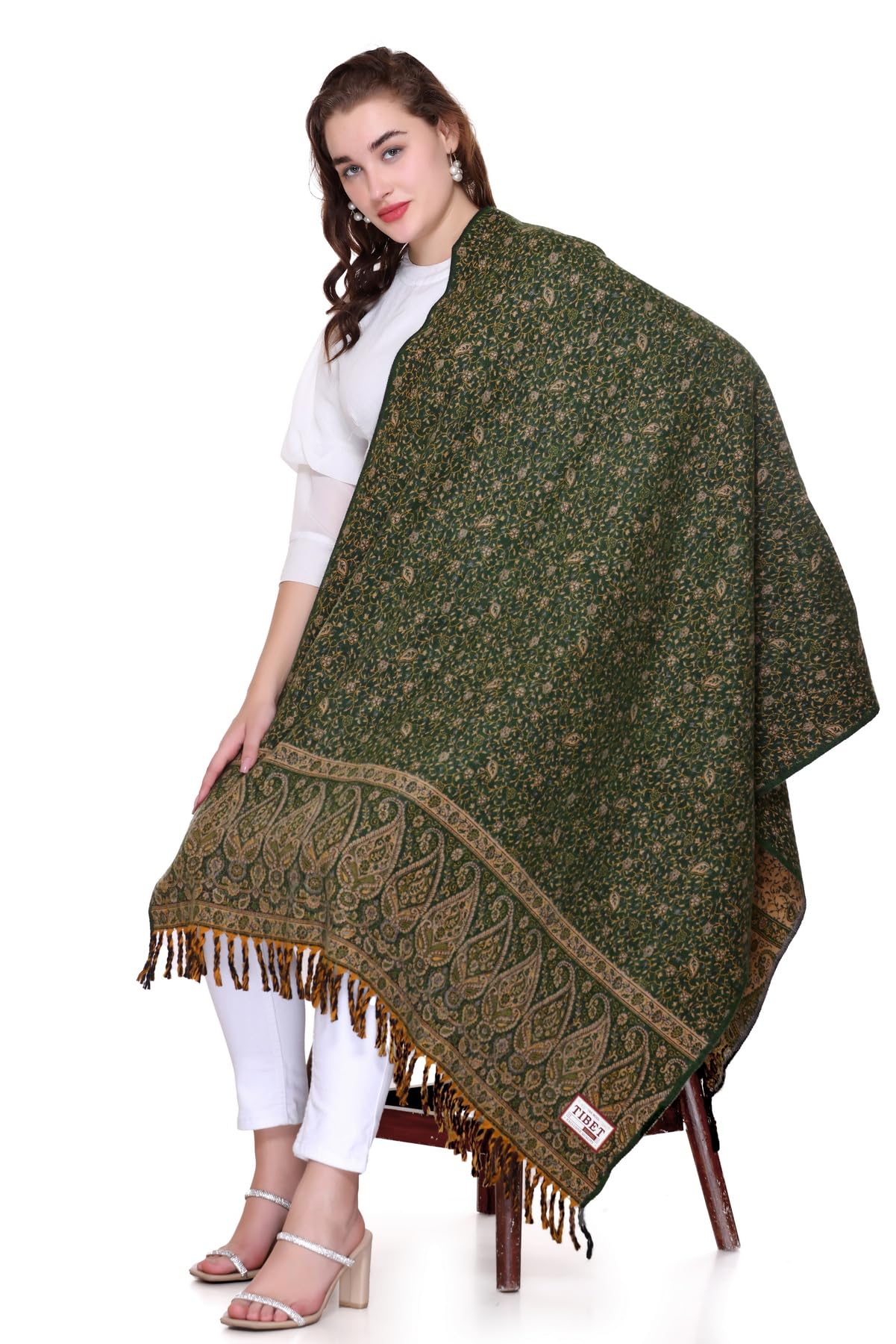 OverSized Winter Paisley Wool Blend Shawl - 100x200 Cm with Heritage Label and Fringed Edges