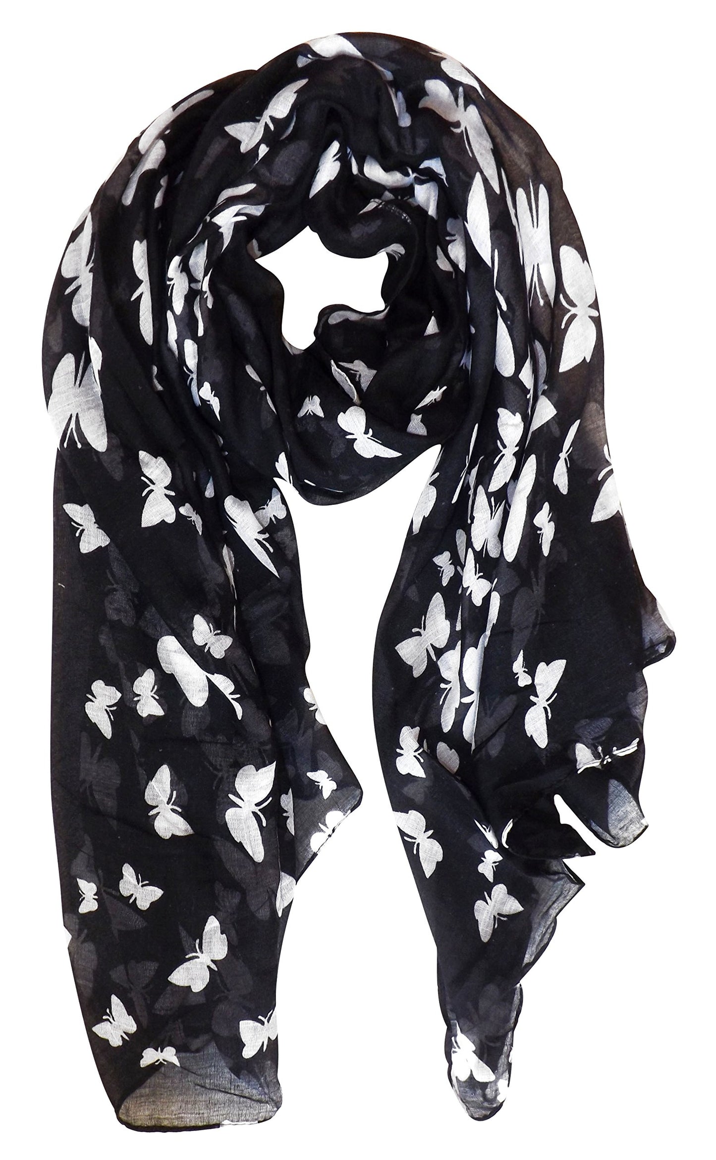 Women's Charming Colorful Pretty Butterfly Print Soft 99 cm x 195 cm Fashion Scarf Wrap Shawl (Black)