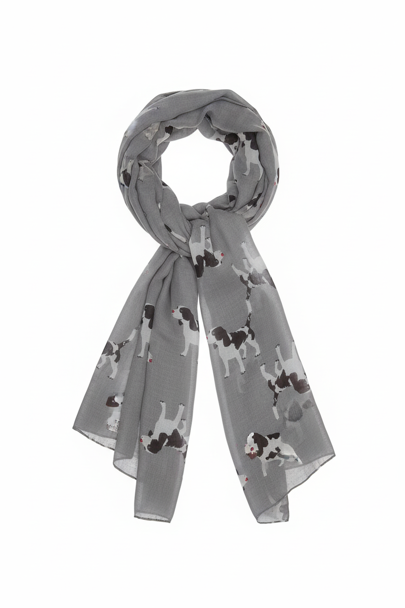 New ladies Puppy Dog Print Scarf Springer Spaniel Beagle Scarf Scarves Shawl (GREY)
