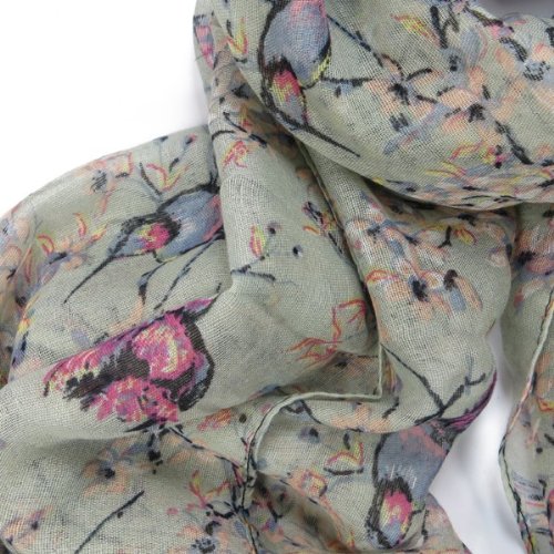 Delicate Light Grey Cream Contrast Bird Print Tree Animal Funky Scarf (Grey)
