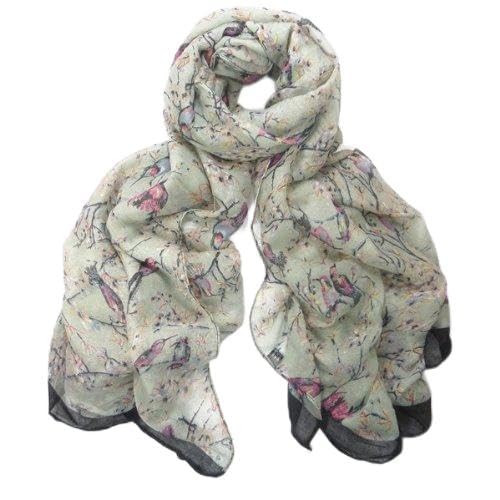 Delicate Light Grey Cream Contrast Bird Print Tree Animal Funky Scarf (Grey)