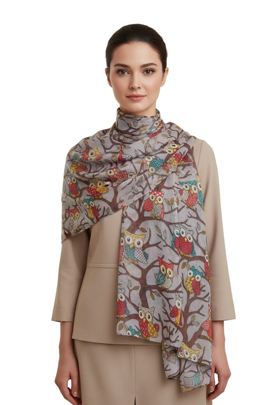 Grey Owl on Branch Print Scarf for Women – Wide Lightweight Fashion Shawl Wrap