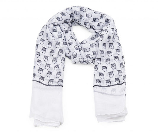 White Scarf with Black Small Owl Print – Wide Lightweight Fashion Shawl for Women