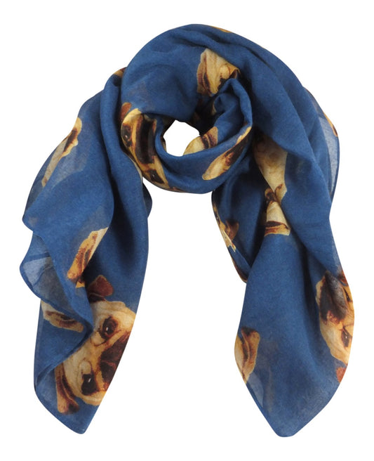 Navy Blue Women’s Pugs Dog Print Wide Scarf – Lightweight Fashion Shawl Wrap