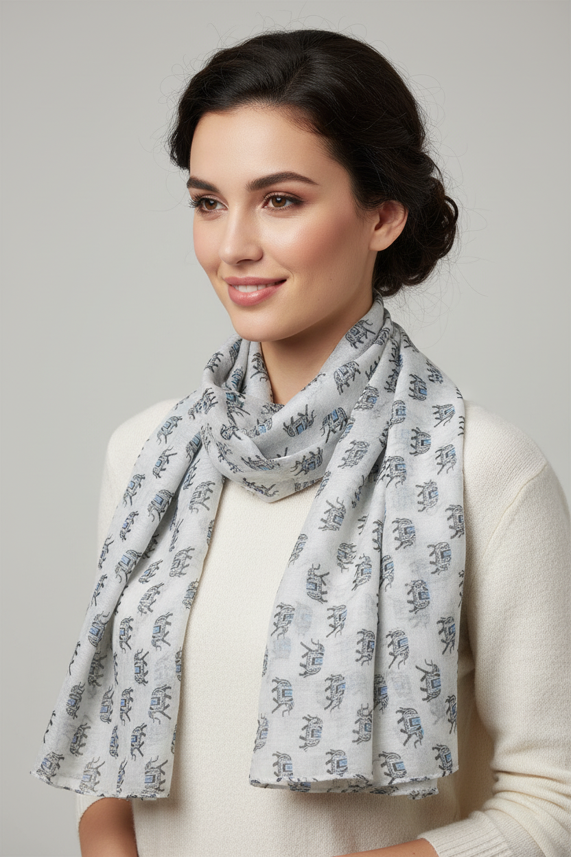 Blue & Black Indian Elephant Print Scarf Patterned Women’s Shawl, Soft Lightweight Hijab Scarf White
