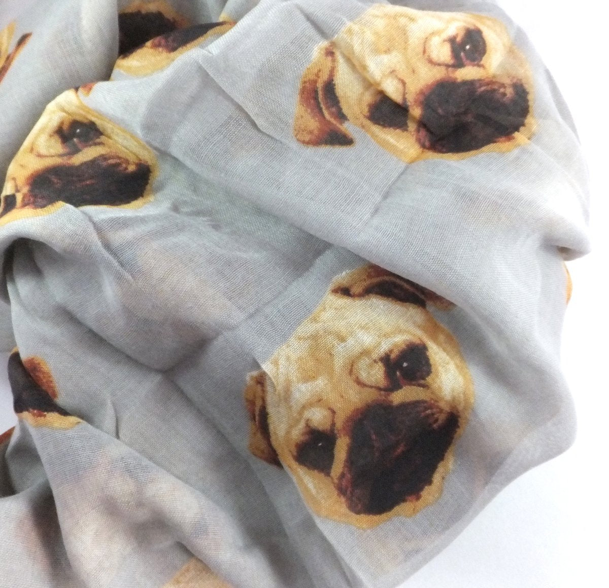 Light Grey Pug Dog Print Wide Scarf – Soft Lightweight Women’s Shawl Wrap
