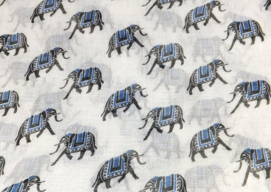 Blue & Black Indian Elephant Print Scarf Patterned Women’s Shawl, Soft Lightweight Hijab Scarf White