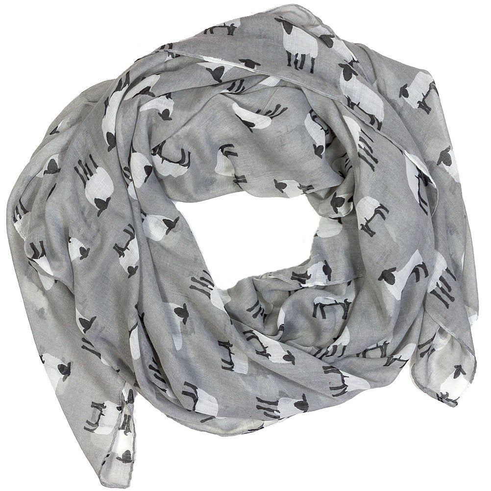 Ladies Silver Grey Sheep Print Scarf – Large Soft Lightweight Shawl Wrap