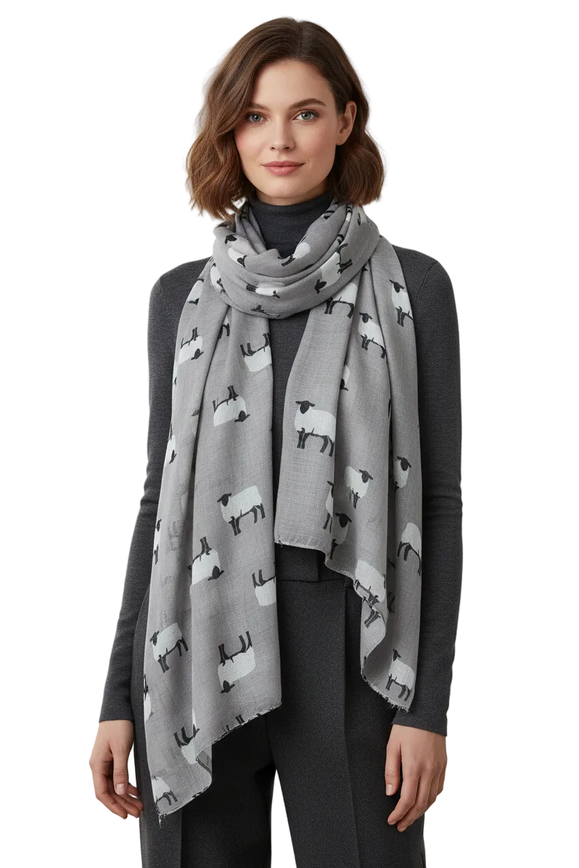 Ladies Silver Grey Sheep Print Scarf – Large Soft Lightweight Shawl Wrap